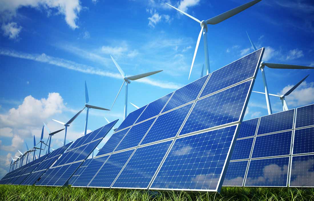 View of solar panels and renewable energy.
